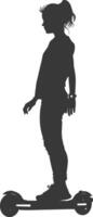 silhouette girl riding hoverboard full body black color only vector