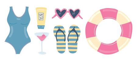 Summer essentials swimsuit, sunscreen, heart sunglasses, flip-flops, drink, and life preserver vector