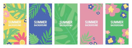 Colorful 9x16 summer backgrounds with tropical leaves and flowers in green, blue, pink, and yellow. vector