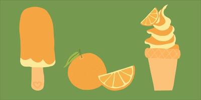 Digital illustration of orange ice cream, soft serve, and orange slices on a green background vector