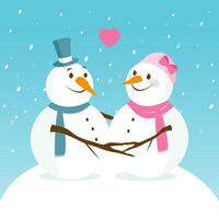 Cute snowmen in a beautiful winter landscape. Cartoon snowmen in the snow. vector