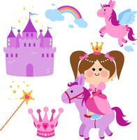 bonito princesa montando un caballo conjunto con un magia castillo y un unicornio. niños cuento de hadas linda princesa conjunto con unicornio y palacio. ilustración conjunto vector