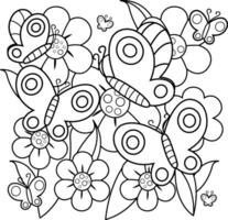 Butterflies and flowers in the springtime garden. Springtime nature plants and flowers with bugs and insects. Cute butterfly flying around flowers. Black and white coloring page. vector