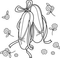 Girls pair of ballet pointe shoes. Ballet flats with ribbons. Ballerina toe shoes for dancing ballet performance. Black and white coloring page vector