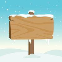 Blank wooden sign in the snow. Signpost background with winter snow hills. vector