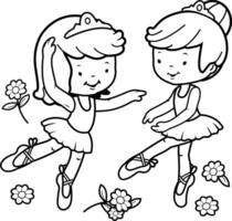 Two cute ballerina dancer girls, dancing on the stage. Little children ballet dance performance. Black and white coloring page. vector