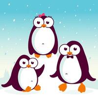 Winter icy landscape with happy penguins in the snow. Cartoon cute penguin birds in a winter snowy landscape on the ice. vector