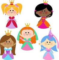 Cute princess girls with pretty dresses. Diverse group of princesses and queen with different colorful princess dress and tiaras. Illustration set vector