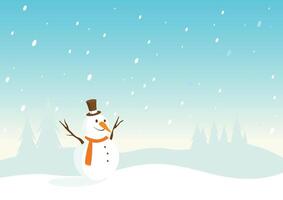 A beautiful winter snowy landscape with trees and a happy snowman. Background with snow hills and forest. vector
