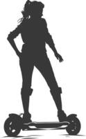 silhouette girl riding hoverboard full body black color only vector