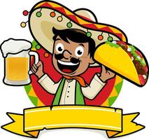 Mexican restaurant banner with tacos and beer. Cartoon Mexican mariachi man holding a cold beer and a taco for celebration party. Cinco de Mayo party. vector