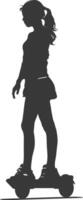 silhouette girl riding hoverboard full body black color only vector