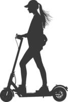 silhouette girl riding electric scooter full body black color only vector