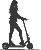 silhouette girl riding electric scooter full body black color only vector