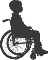 silueta pequeño chico en un silla de ruedas lleno cuerpo negro vector