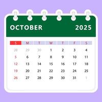 October 2025 calendar. Sunday start vector