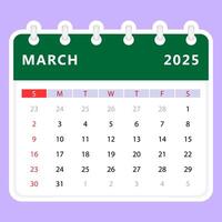 marzo 2025 calendario. domingo comenzar. vector