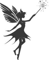 silhouette magical fairy with her wand full body black color only vector