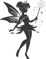 silhouette magical fairy with her wand full body black color only vector