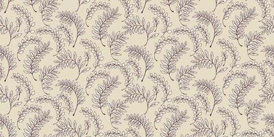 Pastel abstract lines branches leaves seamless pattern on a light background. hand drawing sketch. Creative tiny leaf stems printing . Template for design vector