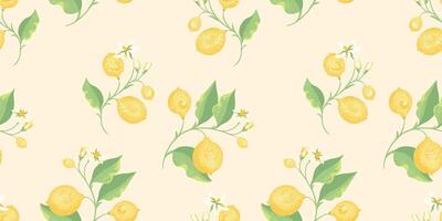 Tropical yellow lemons on branch with leaves scattered randomly on a seamless pattern. hand drawing illustration. Abstract artistic citrus fruit repeated printing on a light background. vector