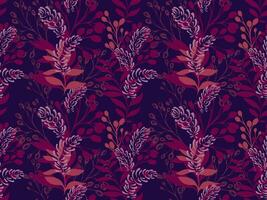 Burgundy seamless pattern with abstract artistic branches, forms leaves on a dark background. hand drawing illustration. Creative shapes floral stems printing. Template for designs vector