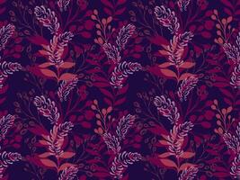 Burgundy seamless pattern with abstract artistic branches, forms leaves on a dark background. hand drawing illustration. Creative shapes floral stems printing. Template for designs vector