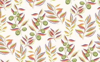 Abstract artistic branches with olive berries, shapes leaves seamless pattern on a light background. Colorful printing with creative tropical plants. hand drawing sketch. Template for designs vector