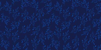 Simple seamless pattern with gently tiny branches and small leaves. Abstract little blue plants stems printing on a dark background. hand drawing sketch. Ornament for designs, fabric, textiles vector