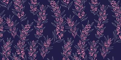 Abstract, artistic branches with tiny flowers, buds and small leaves intertwined in a seamless pattern. Creative floral stems printing on a dark background. hand drawing sketch. vector