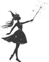 silhouette magical fairy with her wand full body black color only vector