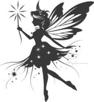 silhouette magical fairy with her wand full body black color only vector