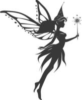 silhouette magical fairy with her wand full body black color only vector