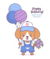 Happy birthday card. Funny dog with balloons and bouquet flowers. Cute holiday cartoon kawaii character animal. Kids collection. vector