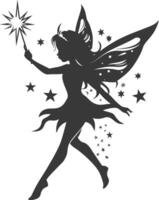 silhouette magical fairy with her wand full body black color only vector