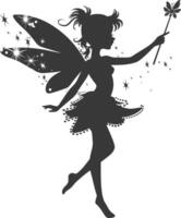 silhouette magical fairy with her wand full body black color only vector