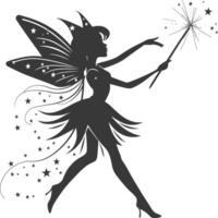 silhouette magical fairy with her wand full body black color only vector