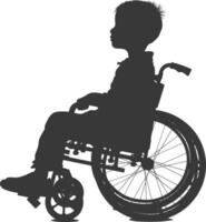 silueta pequeño chico en un silla de ruedas lleno cuerpo negro color solamente vector
