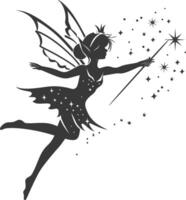 silhouette magical fairy with her wand full body black color only vector