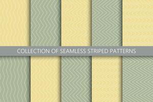 Collection of green seamless striped outline patterns. Simple paper linear zigzag and wave textures. Minimalistic textile prints vector