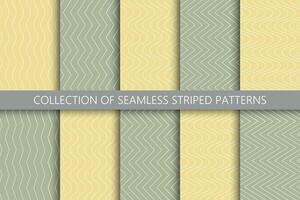 Collection of green seamless striped outline patterns. Simple paper linear zigzag and wave textures. Minimalistic textile prints vector