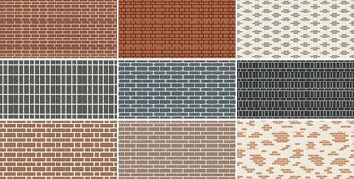 Collection of brick wall seamless patterns. Simple endless color brickwork decorative backgrounds. Minimalistic geometric repeatable textures vector