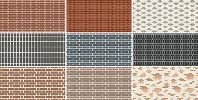 Collection of brick wall seamless patterns. Simple endless color brickwork decorative backgrounds. Minimalistic geometric repeatable textures vector