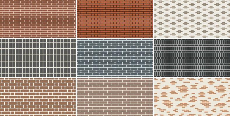 Collection of brick wall seamless patterns. Simple endless color brickwork decorative backgrounds. Minimalistic geometric repeatable textures