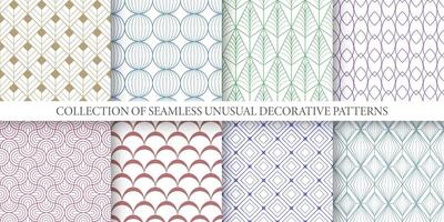 Collection of elegant color ornamental seamless geometric patterns. Fashion art deco ornate decorative backgrounds. Repeatable textile prints vector