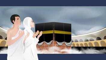 A Muslim couple is praying the Islamic Hajj pilgrimage at the Kaaba vector