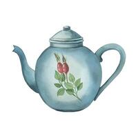 A blue teapot with a rosehip pattern on the side. Watercolor illustration. Everything is hand painted with watercolors. For printing on fabric, paper, kitchen design, textiles, product packaging vector