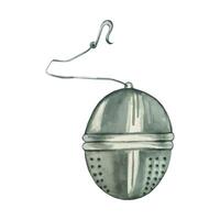 Tea strainer, round tea infuser with chain. All objects are hand-painted with watercolors. Watercolor illustration. For printing on packaging, paper, kitchen design, textiles vector