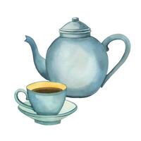 Kitchen kettle, blue porcelain tea cup. All objects are painted in watercolors. Watercolor illustration isolated on white background. Suitable for printing on fabric, paper, kitchen design, textiles vector