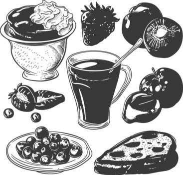 Breakfast menu ready to eat with engraving sketch style black color only vector